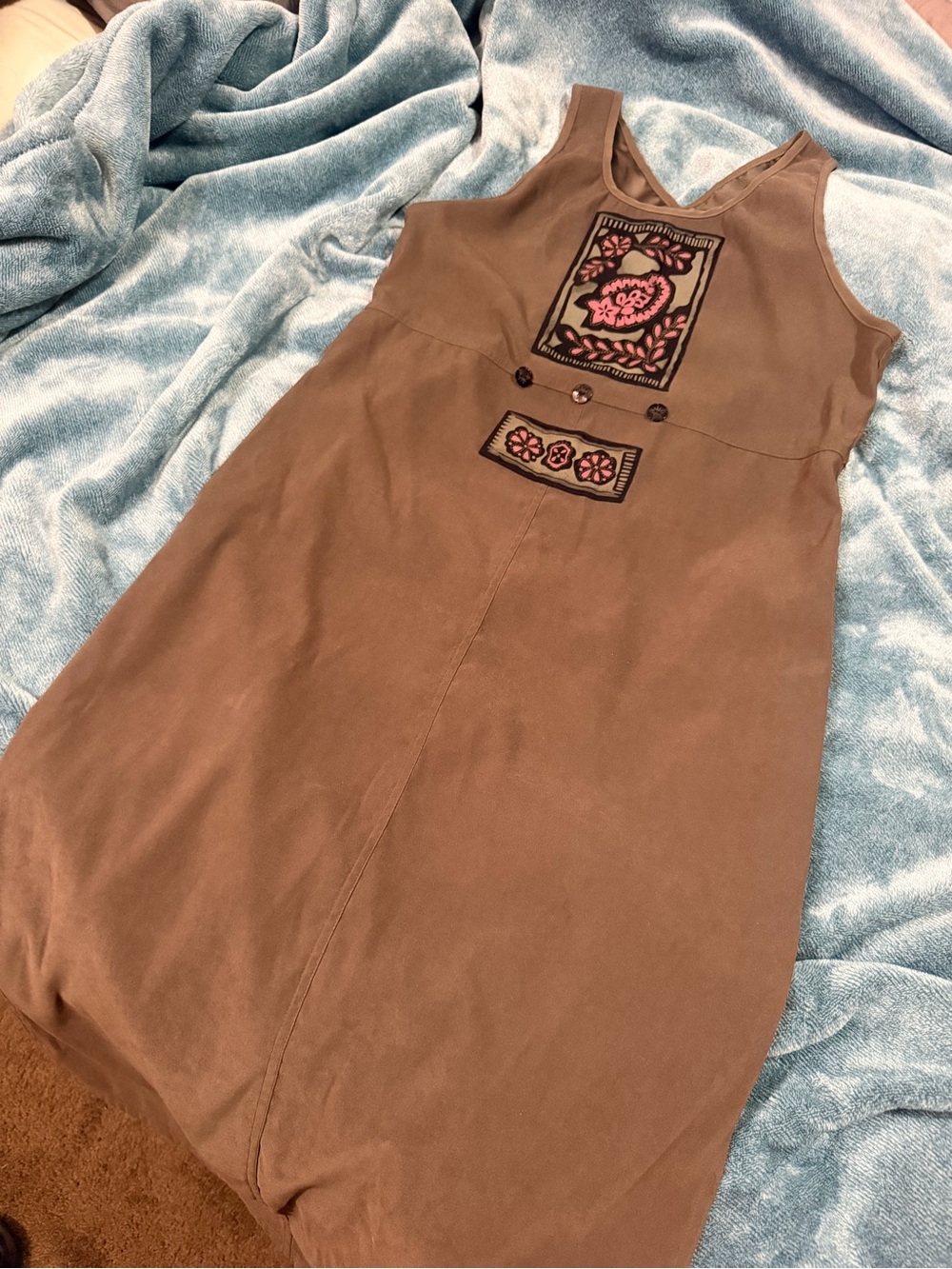 Brown Sleeveless Embroidered Midi Dress with Pink Floral Motif